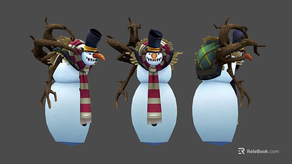 Three Snowmen Design With Branch Arms Striped Plaid Scarves And Hats Decoration 3d model 
