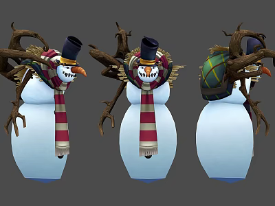 Three Snowmen Design With Branch Arms Striped Plaid Scarves And Hats Decoration 3d model
