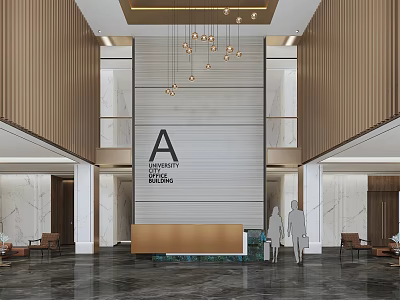 Modern Lobby Front Desk Reception With Marble Wall Hanging Chandeliers And People Silhouettes 3d model