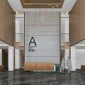 Modern Lobby Front Desk Reception With Marble Wall Hanging Chandeliers And People Silhouettes