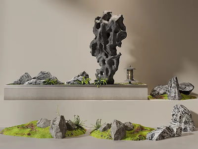 Unique Shaped Rockery Stones For Garden Landscape With Green Moss And Plants 3d model