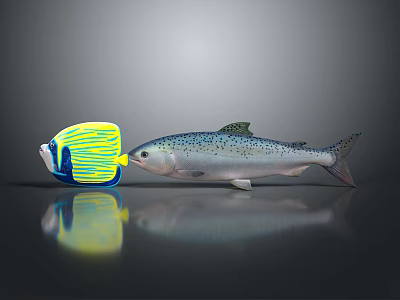 Vibrant Blue And Yellow Striped Butterflyfish With Spotted Silver Salmon In Studio 3d model