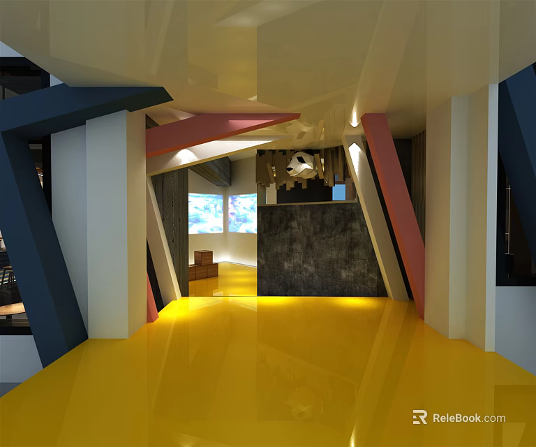 Modern Restaurant Interior Featuring Geometric Structures Yellow Floor And Colorful Pillars 3d model 