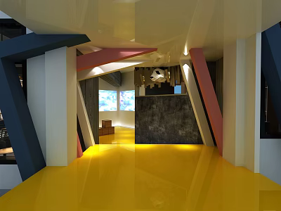 Modern Restaurant Interior Featuring Geometric Structures Yellow Floor And Colorful Pillars 3d model