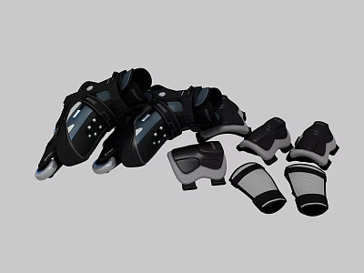 Black Inline Roller Skates with Protective Knee and Elbow Pads Set 3d model