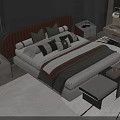 Elegant Double Bed With Brown Upholstered Headboard Green Gray Pillows Nightstands And Bed Bench
