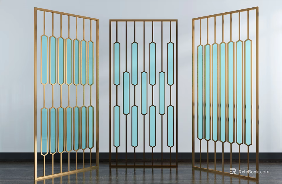 Modern Room Dividers With Metal Frames And Blue Glass Geometric Patterns 3d model
