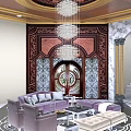 Luxury Hotel Reception With Marble Arch Golden Columns Crystal Chandelier Tree Decorative Wall And Sofa Seating