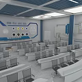 Modern Conference Room Interior With Large Digital Screen Data Charts Arranged Tables And Chairs