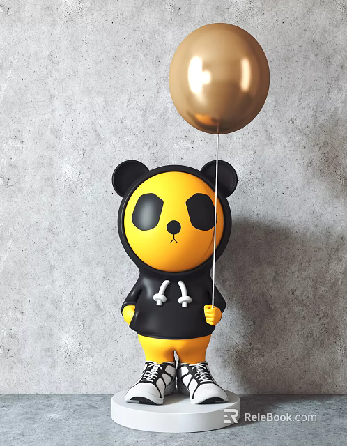 Yellow Panda Figure Sculpture Wearing Hoodie Holding Gold Balloon Against Gray Wall Background 3d model 