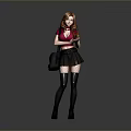 Red Haired Woman In Red Top Black Skirt Fishnet Stockings Holding Coffee Cup Black Bag