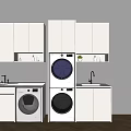 White Bathroom Cabinetry with Upper Storage Cabinets Washing Machine Dryer Vanity Sink and Faucet