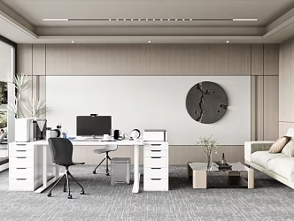 Modern Office Studio Office Desk and Chair Computer Desk Decorative Background Wall Double Sofa Coffee Table Furnishings 3d model