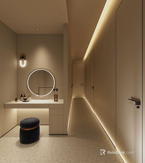 Modern Beauty Hair Studio Interior With Vanity Table Round Mirror Beauty Products And Warm Lighting 3d model 