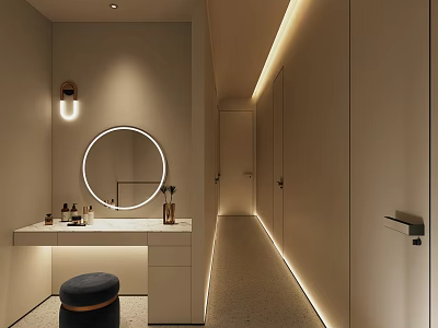 Modern Beauty Hair Studio Interior With Vanity Table Round Mirror Beauty Products And Warm Lighting 3d model