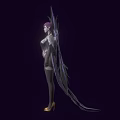 Elf Woman with Purple Hair and Feathered Wings in Flowing Cloak against Dark Background