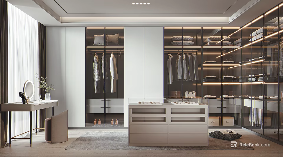 Modern Walk In Closet With Glass Doors And Organized Storage 3d model 