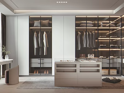 Modern Walk In Closet With Glass Doors And Organized Storage 3d model