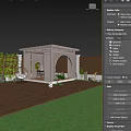 Wooden Landscape Pavilion With Arched Openwork Design Wooden Deck Small Plants And Hanging Chair