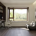 Modern Home Office Desk With Dark Bookshelf Full of Books Computer Monitor and White Chair