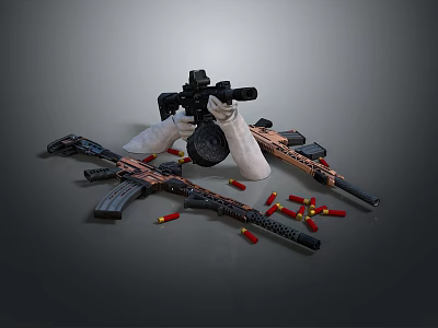 Tactical Weapons With Black Gun White Gloves Rifles And Scattered Red Yellow Bullets 3d model