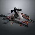 Tactical Weapons With Black Gun White Gloves Rifles And Scattered Red Yellow Bullets