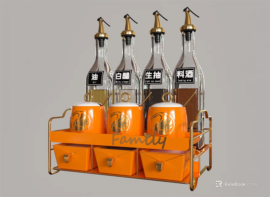 Spice Bottles Arranged On Orange Rack With Storage Jars And Gold Pumps 3d model 