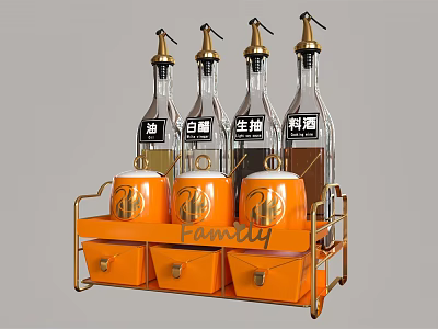 Spice Bottles Arranged On Orange Rack With Storage Jars And Gold Pumps 3d model
