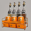 Spice Bottles Arranged On Orange Rack With Storage Jars And Gold Pumps