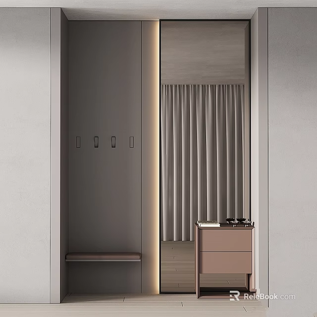 Modern Entryway Hallway With Grey Cabinet Hooks Mirror And Light Brown Side Cabinet 3d model 