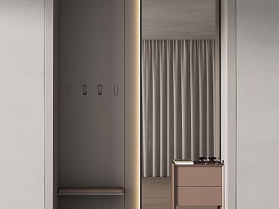 Modern Entryway Hallway With Grey Cabinet Hooks Mirror And Light Brown Side Cabinet 3d model