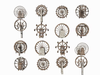 Antique Wooden Spinning Wheels With Various Ornate Traditional Designs And Details 3d model