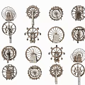 Antique Wooden Spinning Wheels With Various Ornate Traditional Designs And Details