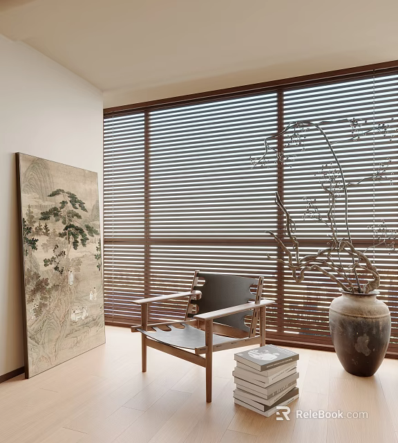 Wooden Frame Leisure Chair By Window With Brown Blinds Traditional Painting And Ceramic Vase 3d model 