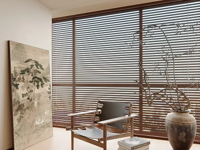 Wooden Frame Leisure Chair By Window With Brown Blinds Traditional Painting And Ceramic Vase 3d model