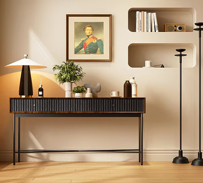 Elegant Modern Wooden Console Table With Potted Plant Floor Lamp Framed Art And Wall Shelves 3d model