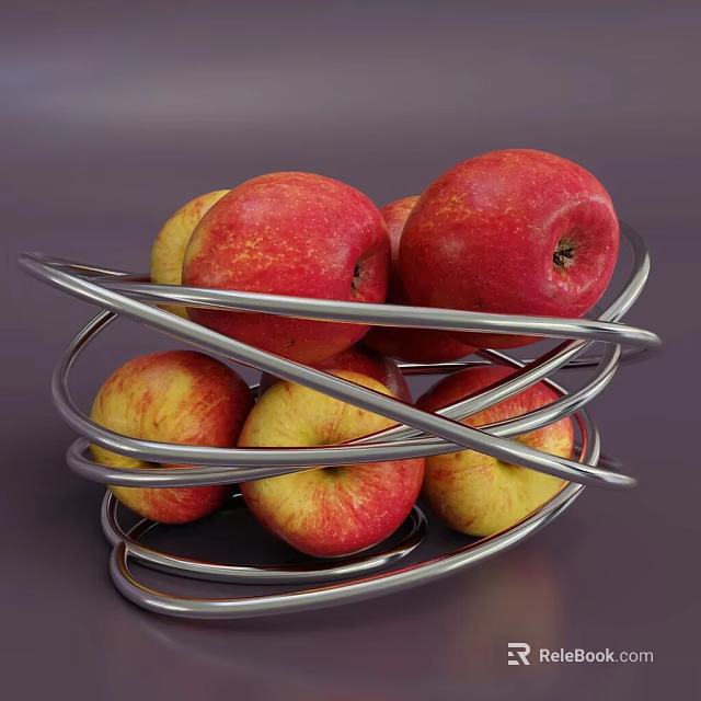 Red and Yellow Apples in Metal Spiral Fruit Bowl on Gray Surface 3d model 