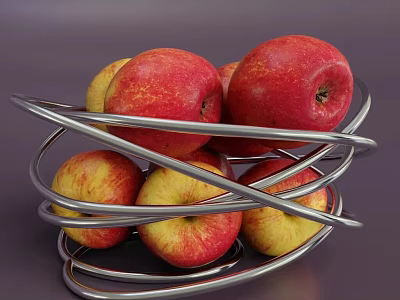 Red and Yellow Apples in Metal Spiral Fruit Bowl on Gray Surface 3d model
