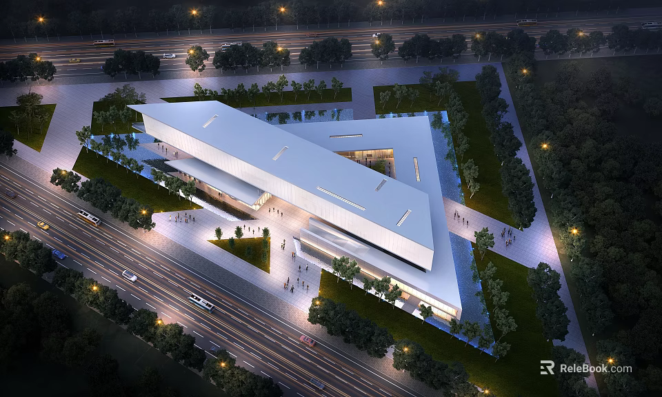 Modern Cultural Center Building With Flat Roof Open Plaza Greenery And Night Lighting 3d model 