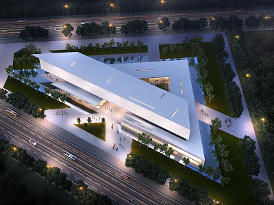 Modern Cultural Center Building With Flat Roof Open Plaza Greenery And Night Lighting 3d model