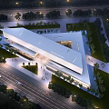 Modern Cultural Center Building With Flat Roof Open Plaza Greenery And Night Lighting