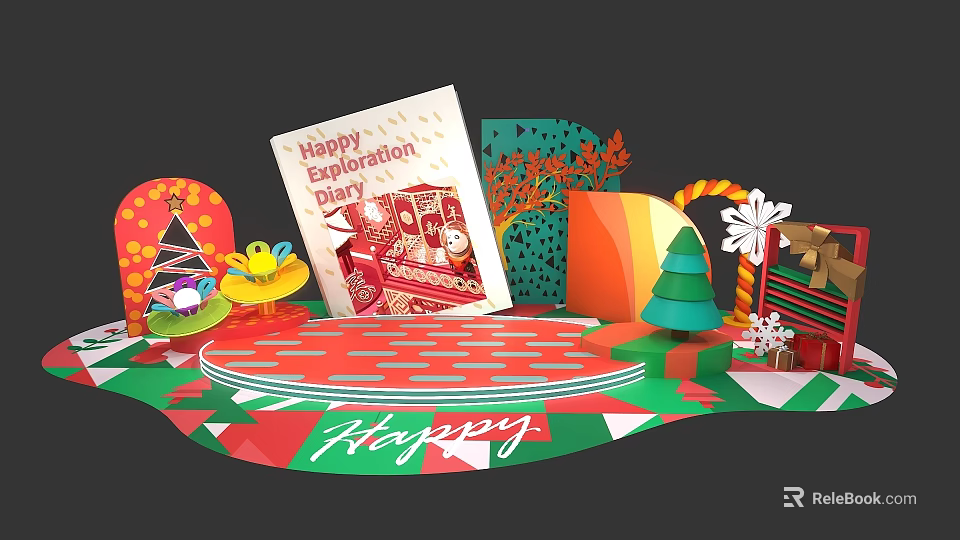 Happy Exploration Diary Photo Check In Spot With Colorful Decorations Christmas Tree Gifts And Snowflakes 3d model 