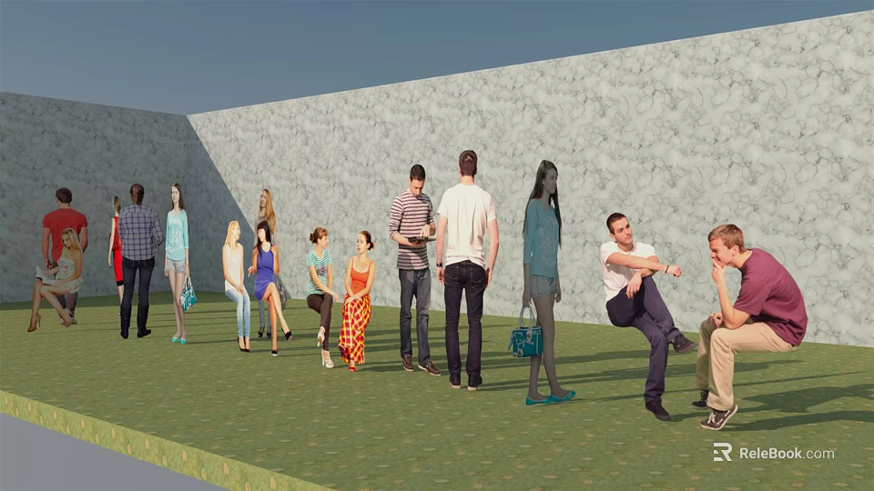 Group Of People Gathering In Outdoor Area With Grass And Wall 3d model 