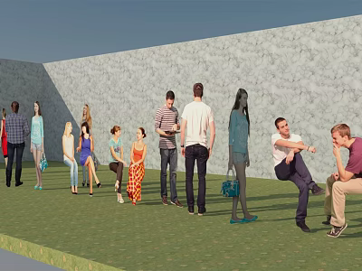 Group Of People Gathering In Outdoor Area With Grass And Wall 3d model