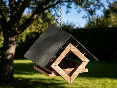 Wooden Birdhouse Hanging From Chain With Black Roof In Garden Surrounded By Trees And Grass 3d model