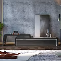 Modern TV Stand with Concrete Wall Floor Lamp Potted Plant and Area Rug