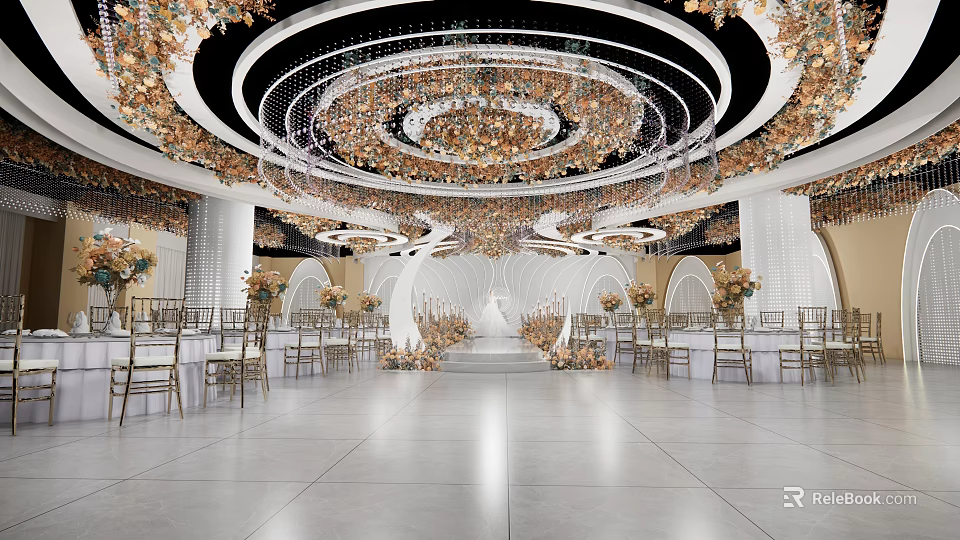 Elegant Luxurious Banquet Hall Interior With Circular Chandelier Gold Decorations And Floral Arrangements 3d model 