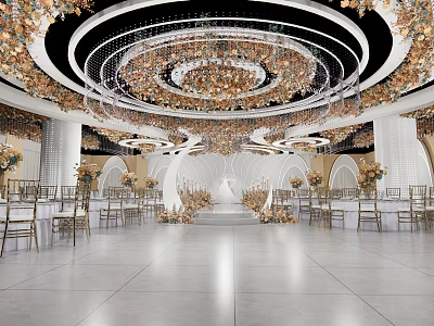 Elegant Luxurious Banquet Hall Interior With Circular Chandelier Gold Decorations And Floral Arrangements 3d model