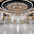 Elegant Luxurious Banquet Hall Interior With Circular Chandelier Gold Decorations And Floral Arrangements