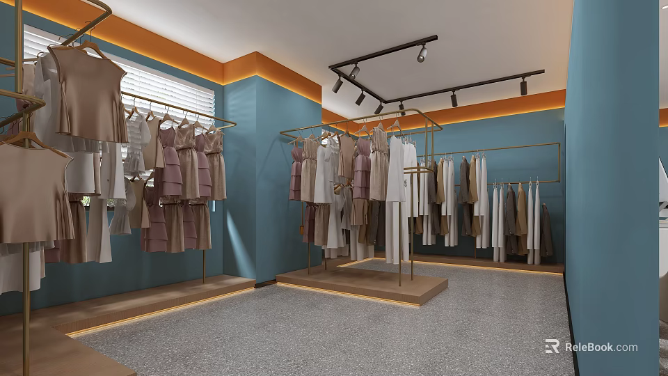 Elegant Modern Wedding Dress Shop Interior With Hanging Bridal Gowns And Display Racks 3d model 